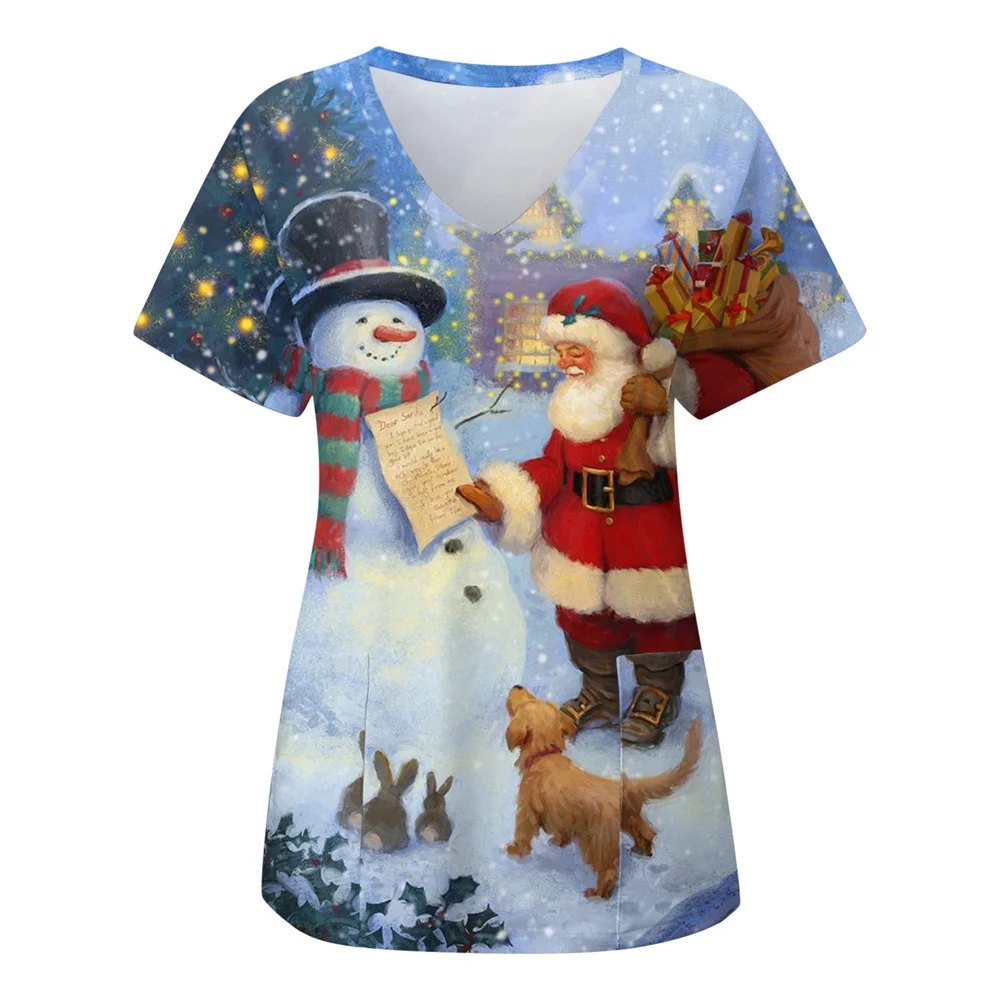 

Women's Christmas Print Short Sleeve V-Neck Nurse Uniforms, Cartoon Workwear, Beauty Salon Tops, Working Uniform, 2023