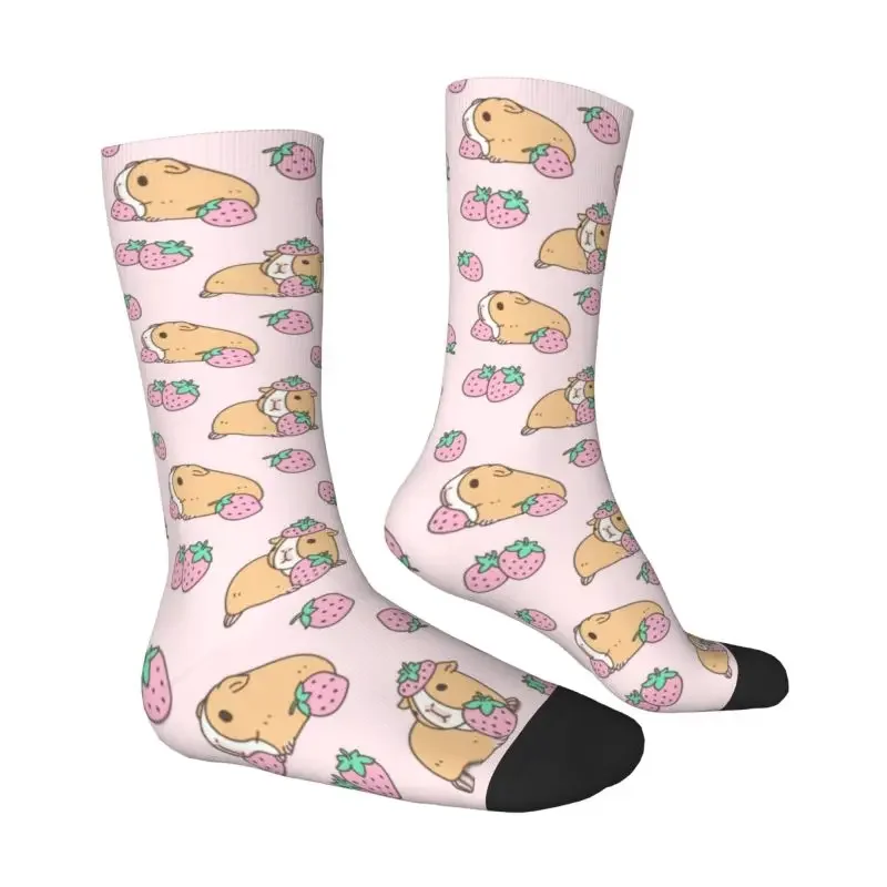 Novelty Men's Pink Guinea Pig And Strawberry Pattern Male Dress Sock Unisex Comfortable Breathable 3D Printed Animal Crew Socks