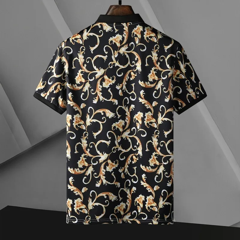 Summer New Men's Fashion Trend  Polo Shirt Print Casual Black Gold Print Lapel Short Sleeve Polo Shirt Polo Shirt Men's Clothing