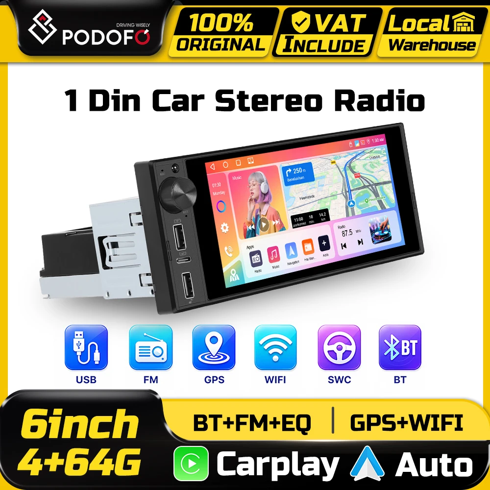 Podofo 4+64G 6-Zoll Auto Smart System Multimedia Video Player Kabelloses CarPlay Auto Intelligentes System Radio Mirror Link FM RDS GPS 1-Din