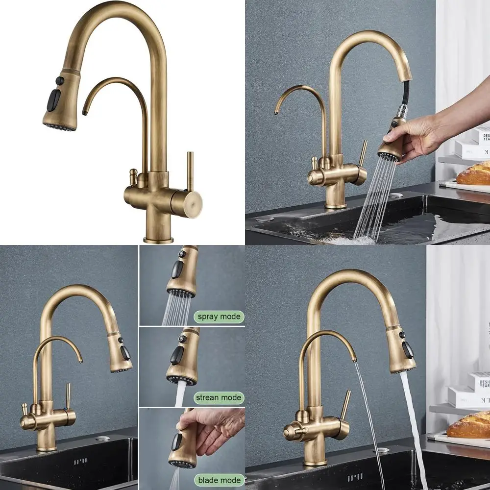 

Antique Brass Filter Kitchen Faucet with Drinking Water Faucet, 360° Swivel Pull Down Kitchen Sink Faucet with Three Function Sp