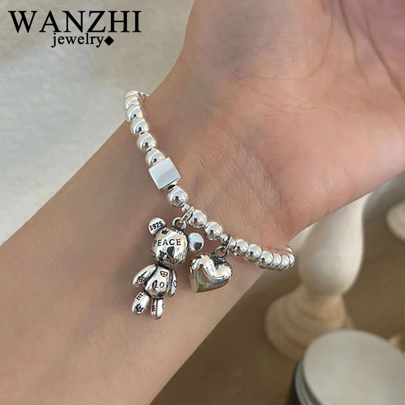 WANZHI New Stainless Steel Bracelets for Women Fashion Beaded Accessories Simple Heart Bear Pendant Bracelet Trend Party Jewelry