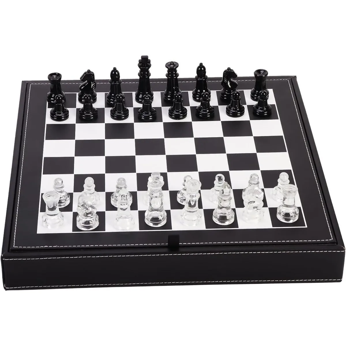 لعبة مجموعة الشطرنج الزجاجية، 2 كوينز إضافية، مع صندوق تخزين جلدي مقاس 13.2 بوصة/33.5 سم ورق شطرنج، لعبة لوحية للبالغين #4