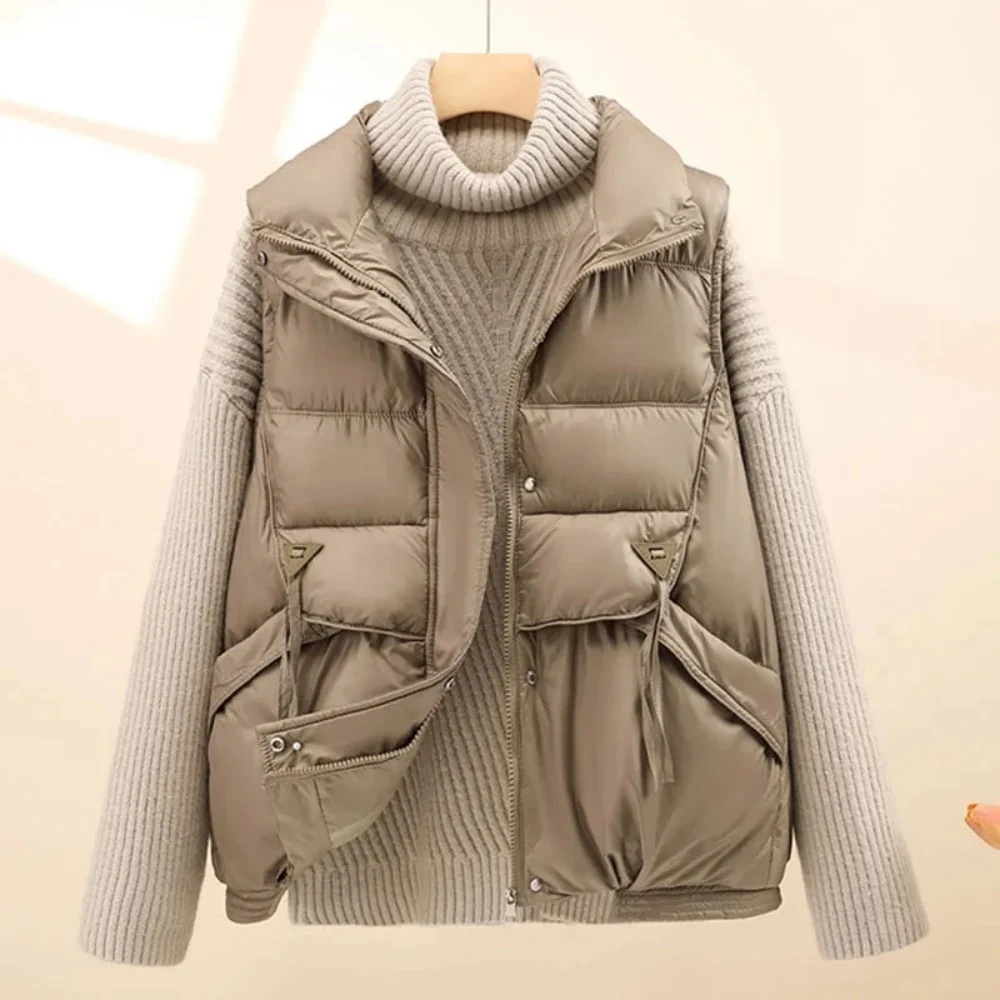 Chaleco holgado de algodón para mujer, chaqueta cálida sin mangas con bolsillos, cuello vuelto, moda coreana, otoño e invierno, 2024