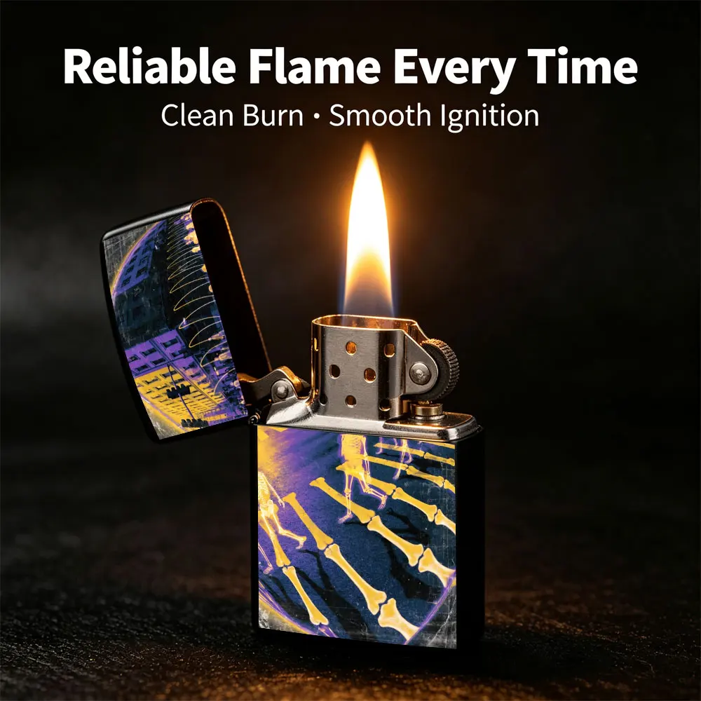 Pocket Lighter, Flip-Top Windproof Design, Skeleton Street Print Metal Case, Comfortable Grip, Refillable, Retro Urban Style