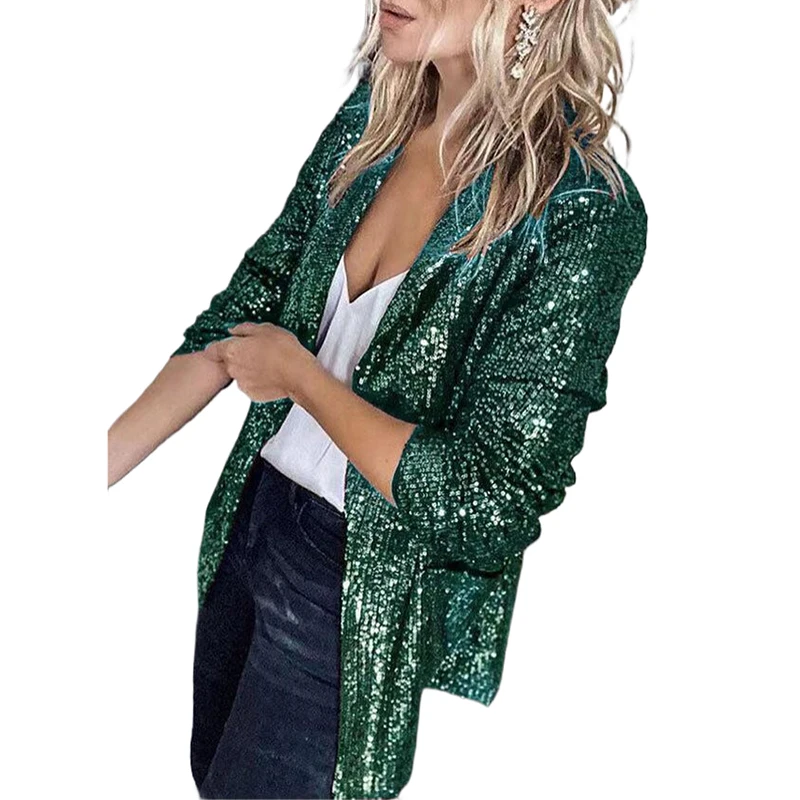 Shiny Long Sleeve Lapel Party Cardigan Jacket Coat Women Fashion Sequin Blazer Tops