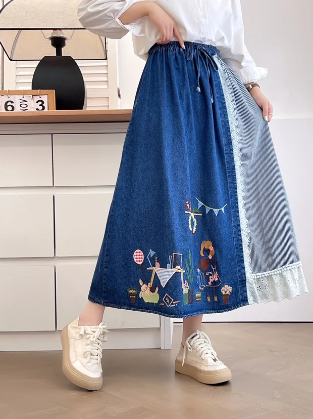 Mori Girl Vintage Plaid Striped Cartoon Embroidery Patchwork Cotton Skirts Women Autumn Elastic Waist Casual Loose Denim Skirt