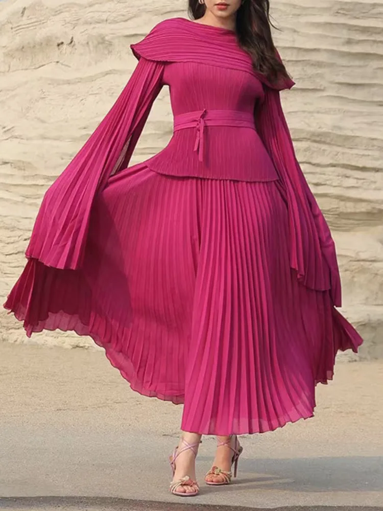 Fashion Designer Pleated 2 Piece Set Women Long Flare Sleeves Belt Gathered Waist + Long Skirt 2024 Autumn New Clothing