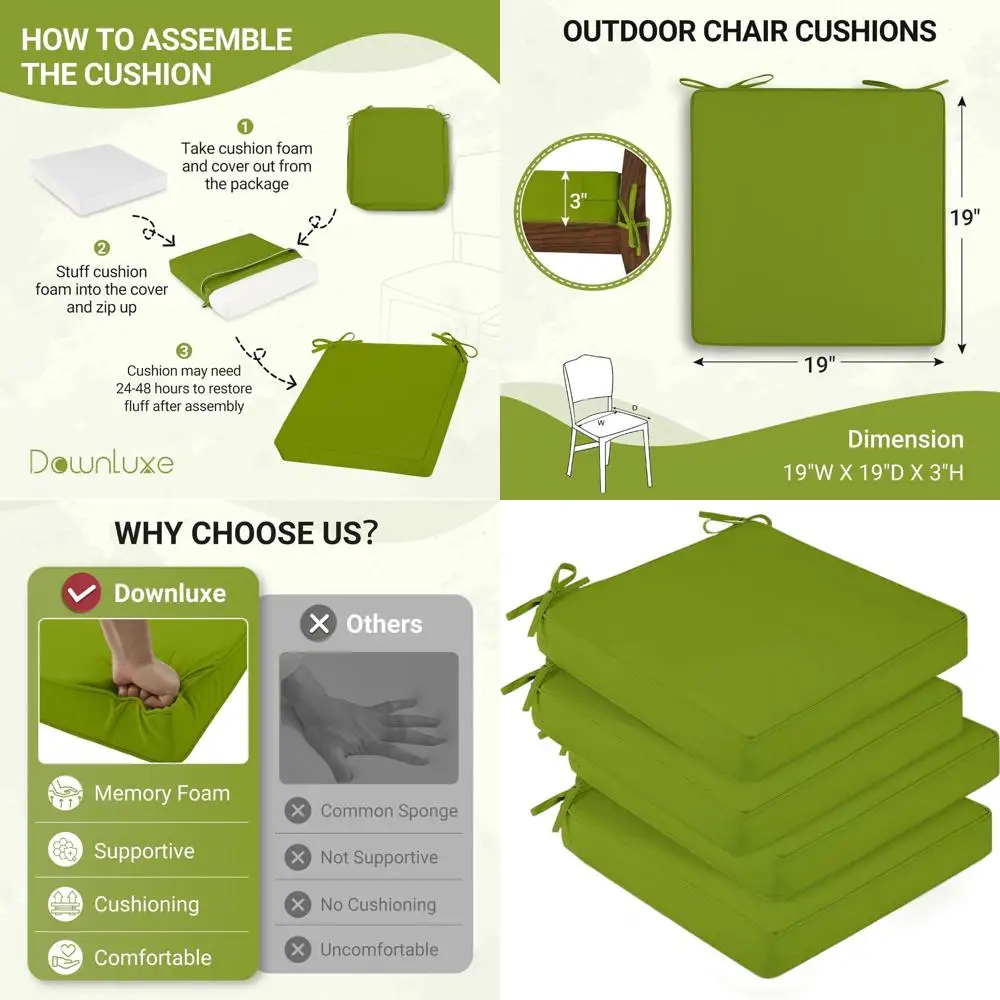 

Set of 4 Waterproof Outdoor Patio Chair Cushions, 19x19x3 Inches with Non-Slip Ties, Removable Grass Green Covers
