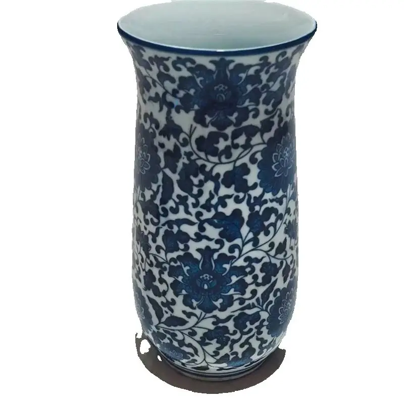 Florero redondo chino de porcelana blanca y azul antiguo con diseño de onda de loto enredado, adorno decorativo tradicional asiático para el suelo