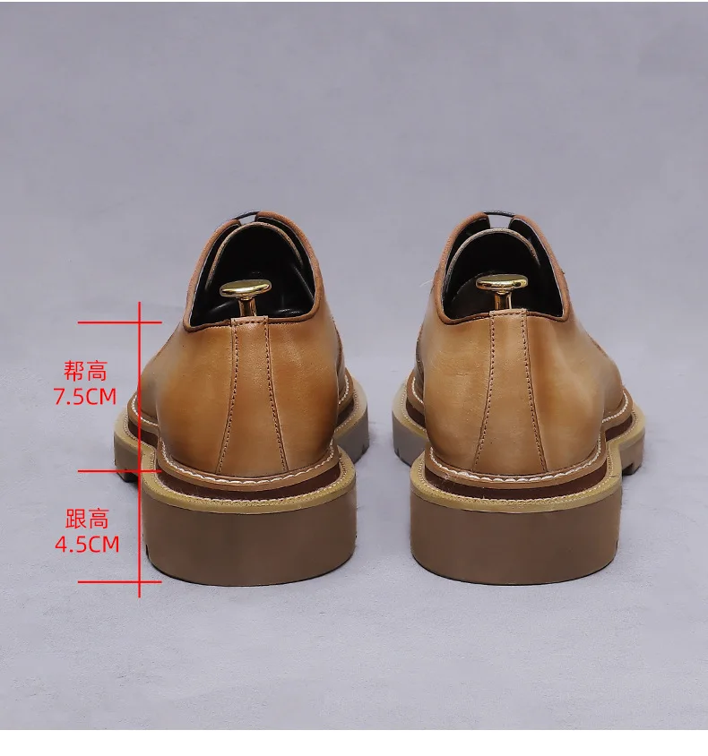 Thick Sole Elevator Oxfords for Men Genuine Leather Handmade Plain Toe Business Casual Dress Footwear for Office Outdoor Daily