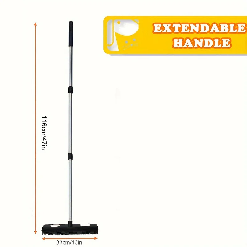 1Pcs Long Handle Rubber Broom Carpet Rake With Squeegee Pet Hair Remover for Fluff Hardwood Floor Carpet Home Cleaning
