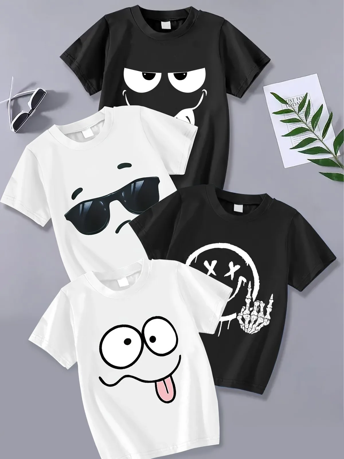 Funny Cartoon Face Print Kids T‑Shirt Boys Short Sleeve Tee Multiple Patterns Casual Street Style Summer Cotton Children Tops
