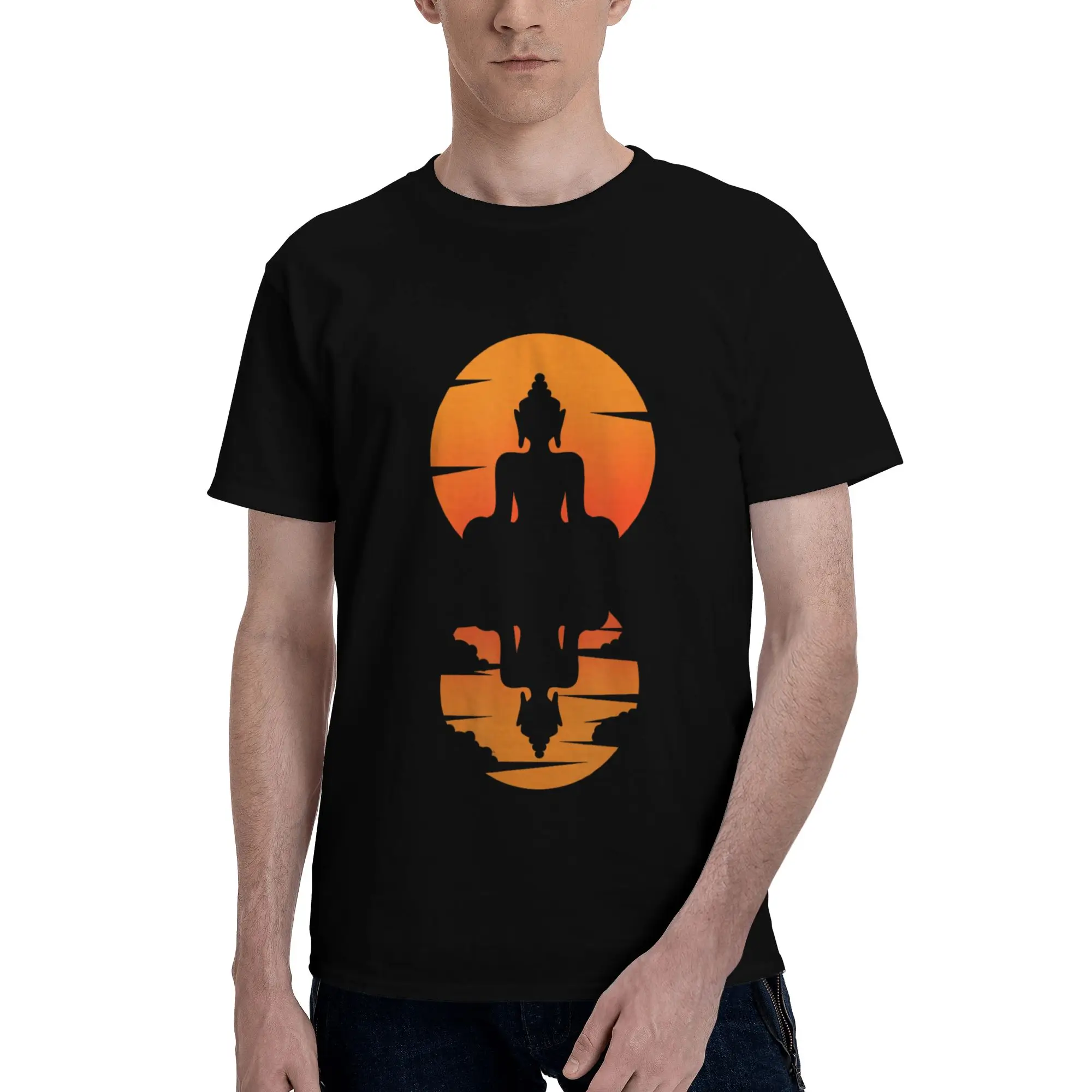 Buddha Sunset Meditation Buddhism Men's T-Shirt Clothes  Tees Short Sleeve fugees 100% Cotton