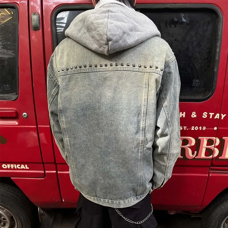 

Waed Denim Jaet Men's Spring Autumn Rivet Collar Spor High Street Hip Hop Jaet Extended Length Ultra Slim Fit