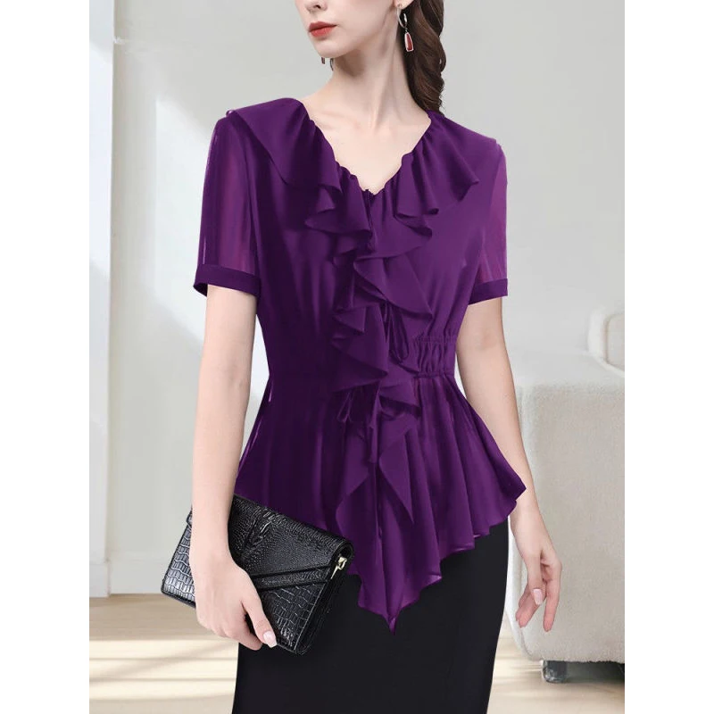 Women Summer Simplicity Slim Temperament Ruffles Chiffon V-neck Solid Color Short Sleeve Shirts Ladies Casual All-match Tops