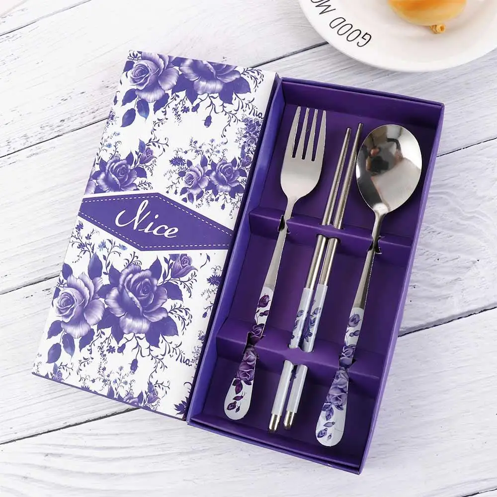 

3pcs/set Stainless Steel Tableware Set Chinese Style Blue and White Porcelain Pattern Chopsticks Spoon Fork Gift Box Cutlery Set