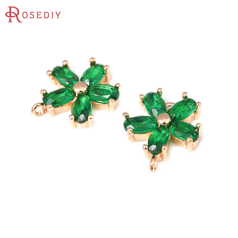 6PCS 18K Gold Color Brass and Zircon 2 Holes Flower Connect Charms Pendants Diy Jewelry Making Earrings Accessories for Women
