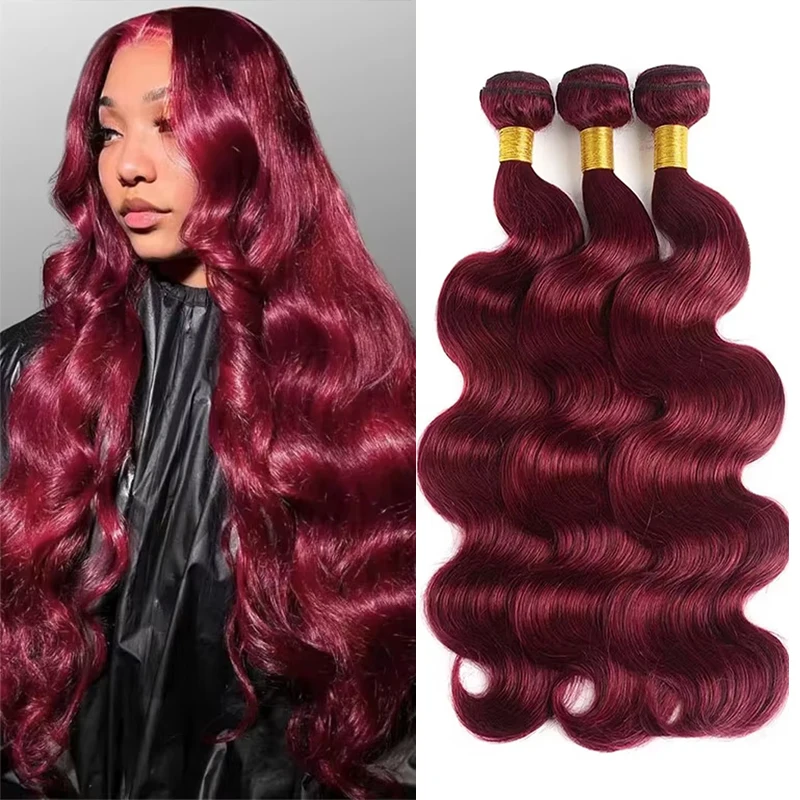Pacotes de Cabelo Humano 100% Natural em Ondas Corporais Burgundy 99J de 30 a 32 Polegadas, Extensões de Cabelo Virgem Brasileiro Remy