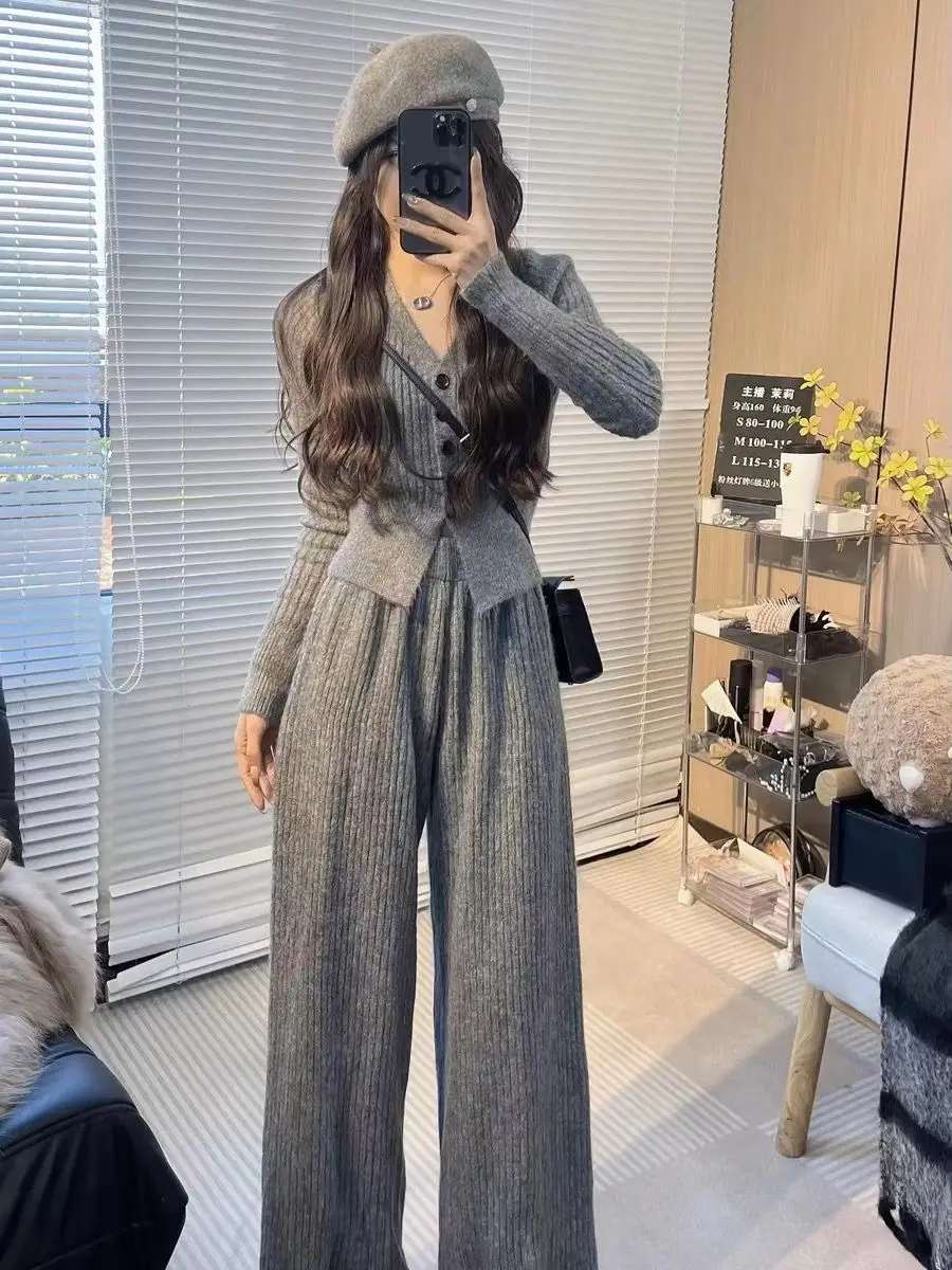 Lazy Style V-neck Long Sleeved Sweater with Wide Leg Pants Two-piece Temperament Set