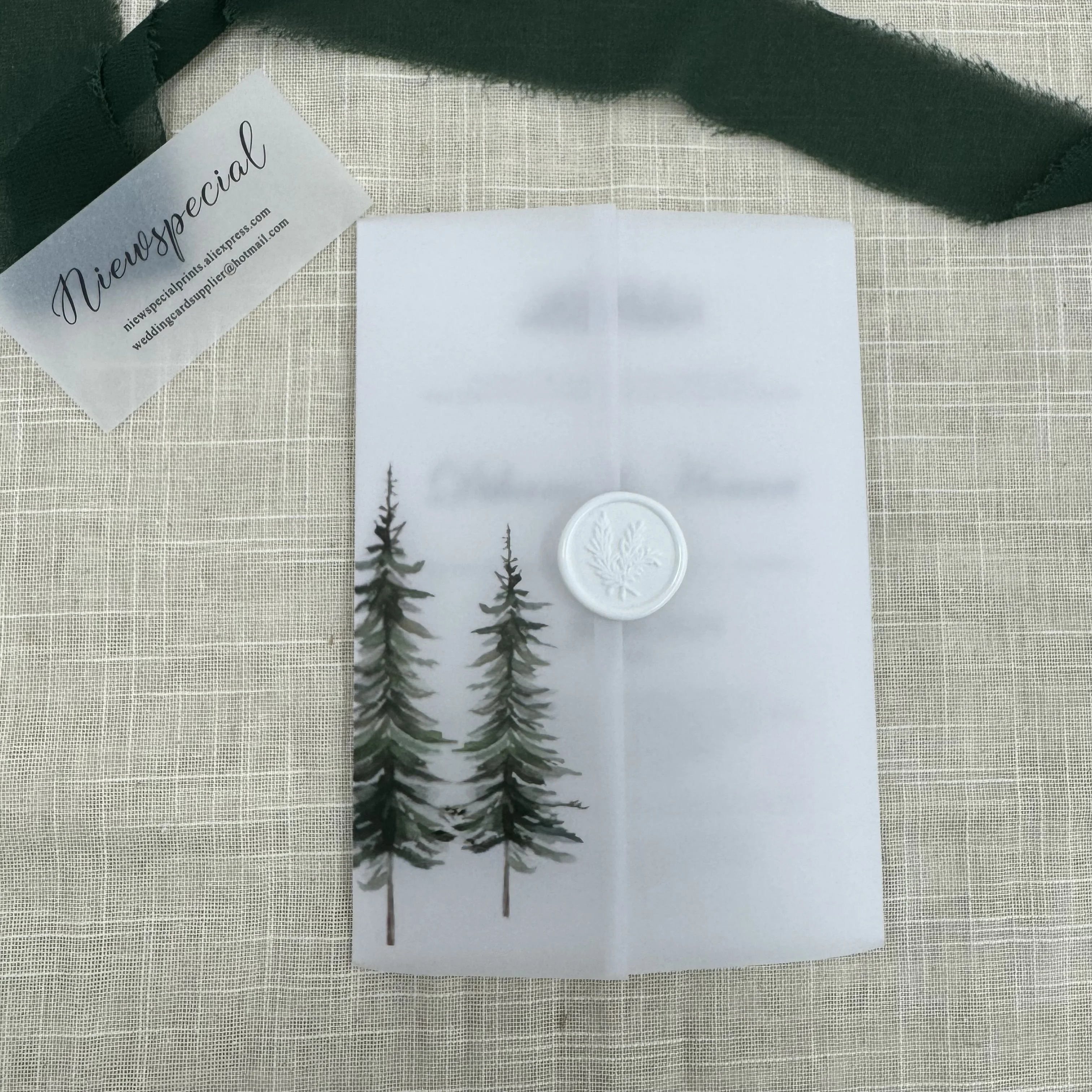 Green tree  Vellum  Wrap suitable for a 5 x 7 Wedding Invitation