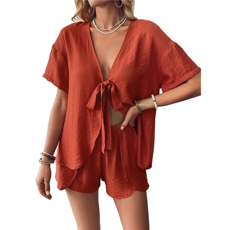 

CYL-Женский комплект из двух предметов с шортами, рубашка с V-образным вырезом и короткими рукавами, рубашка с разрезом и шорты, комплект из двух предметов для отдыха