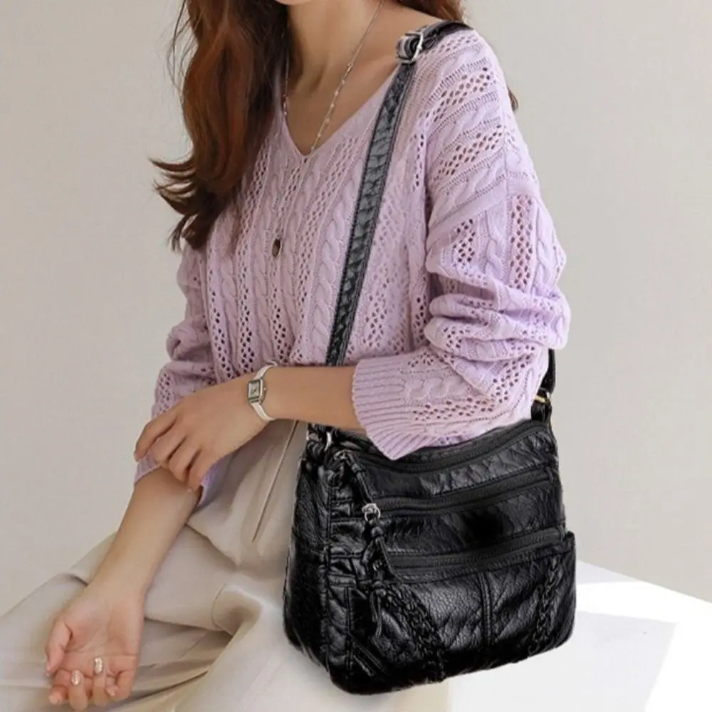 

Soft Leather Women Shoulder Bags Multi-Layer Large-capacity Messenger Bag Vintage Solid Color Female Crossbody Bag for Girls