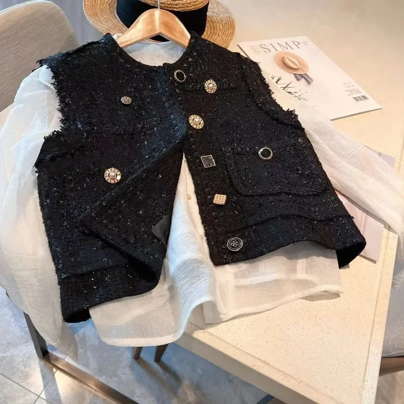 

Vintage Black Tweed Tassel Vest Women 2025 Autumn Winter Top Waistcoat Lady Ropa Jacket Chalecos Mujer Vests Coats Outwear