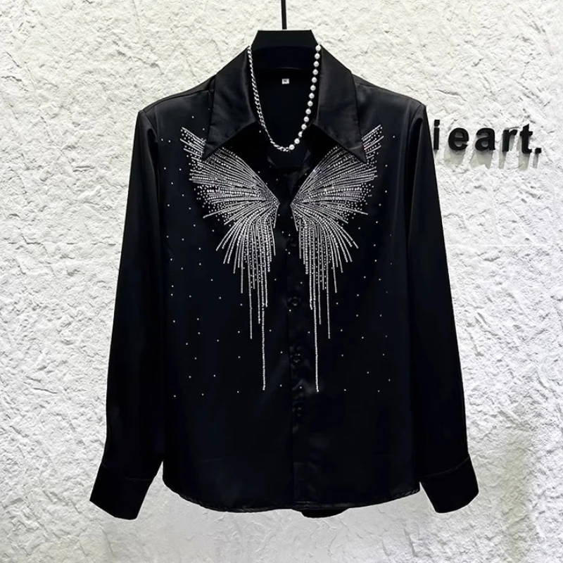 

Heavy Industry Butterfly Rhinestone Shirt Men's Korean Version Shoulder Pad Versatile Casual Shirt Stage Performance Streetwear