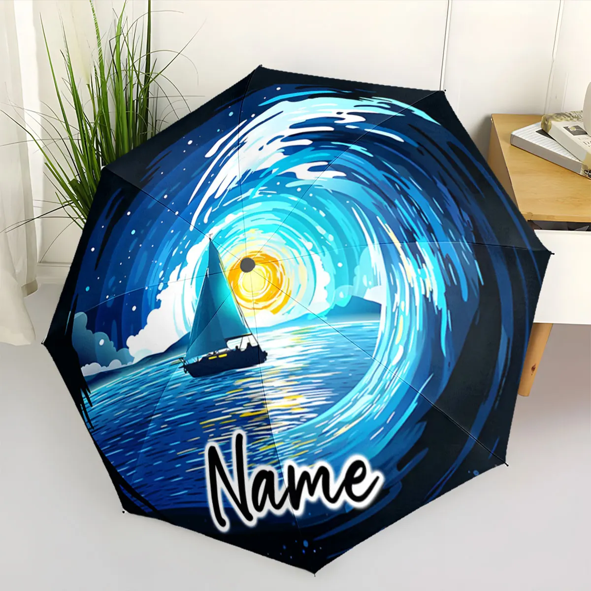 Custom Name Umbrella Sailing Beyond the Horizon Umbrella Design Print 8 Iron Ribs Folding Umbrella Auto-Open Fashion Sunshade