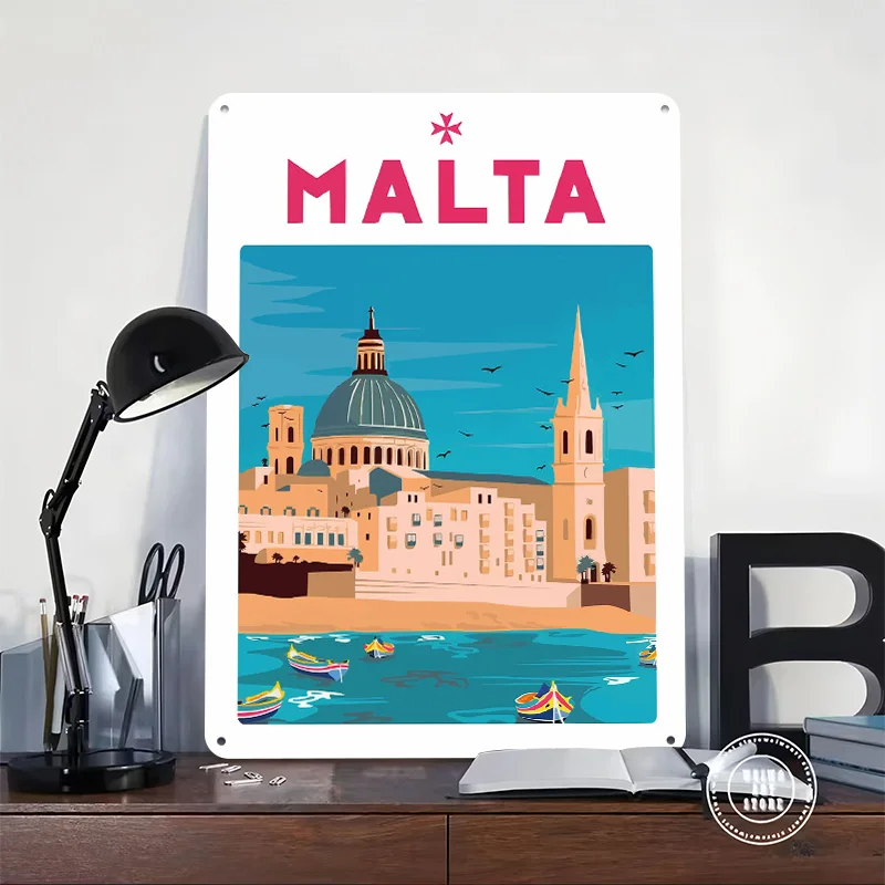 Malta Cityscape Tinplate Posters Customizable Wall Art Retro Vintage Metal Signs for Home Room Bathroom Decor Setup Decorations