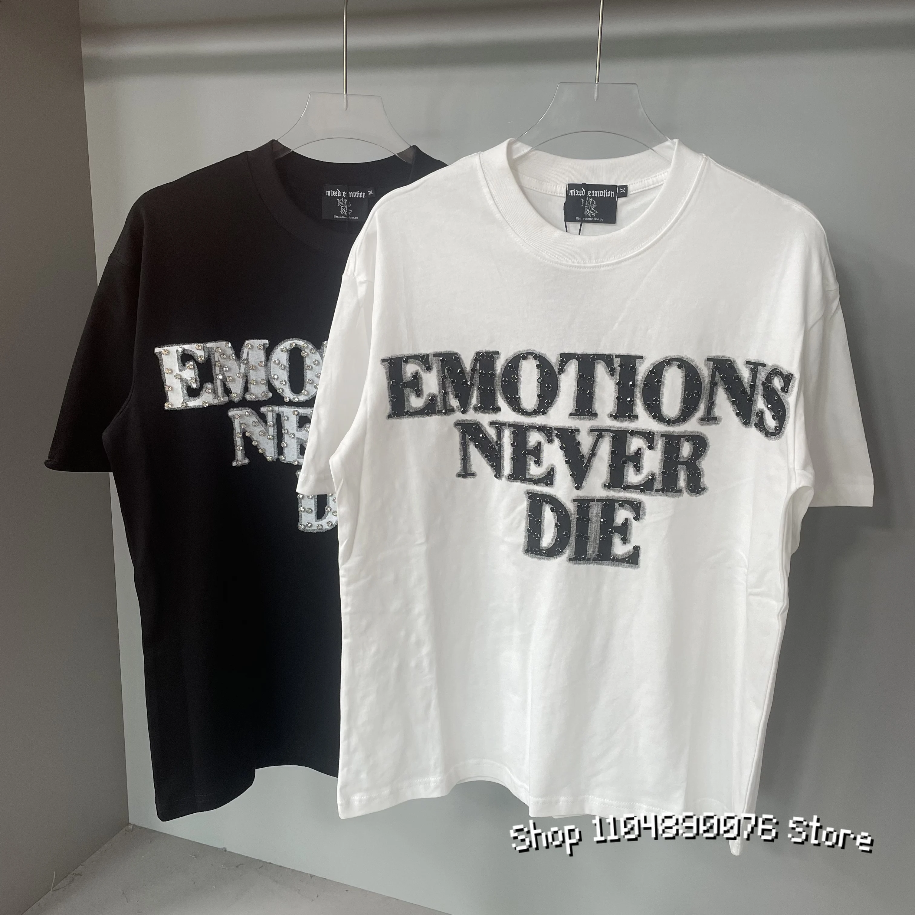MIXED EMOTION 25ss تي شيرت شارع العليا قصيرة الأكمام تي شيرت خمر الجبهة الخلفية الماس لي لا يموت شعار تي شيرت علوي