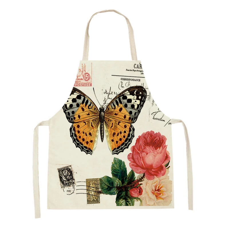 Bird Branches Print Kitchen Apron Household Cleaning Cooking Apron Butterfly Pattern Baking Pinafores Linen Sleeveless Delantal