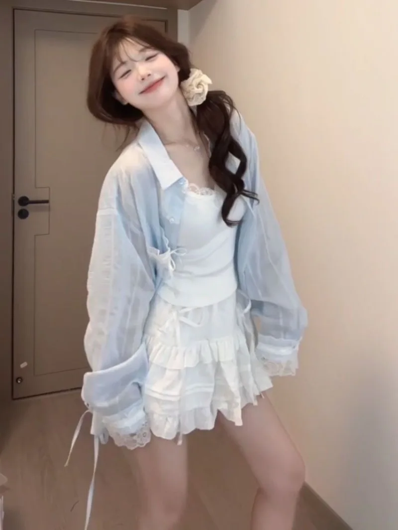 Sweet Girls Clothes Preppy Style Small Fresh Blue Sunscreen Shirt Paired with Lace Patchwork Camisole Top and Skirt 3 Piece Sets