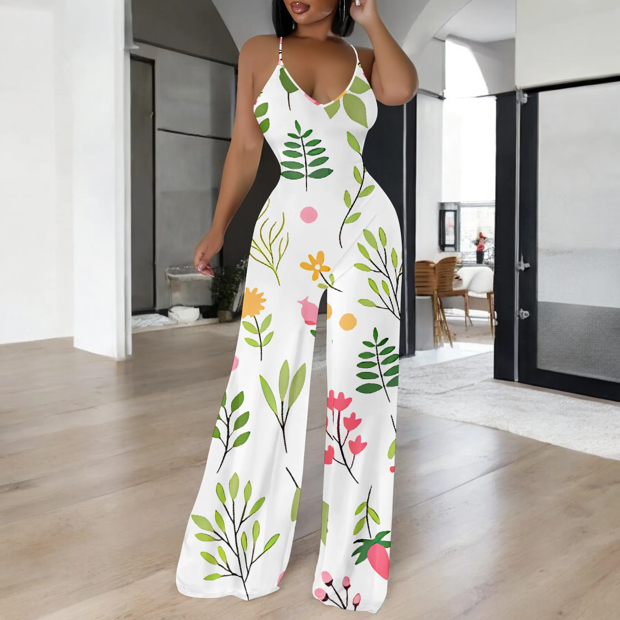 Fresh Leaf Floral Print Jumpsuit Women Sleeveless Spaghetti Strap Wide-Leg Summer Outfit