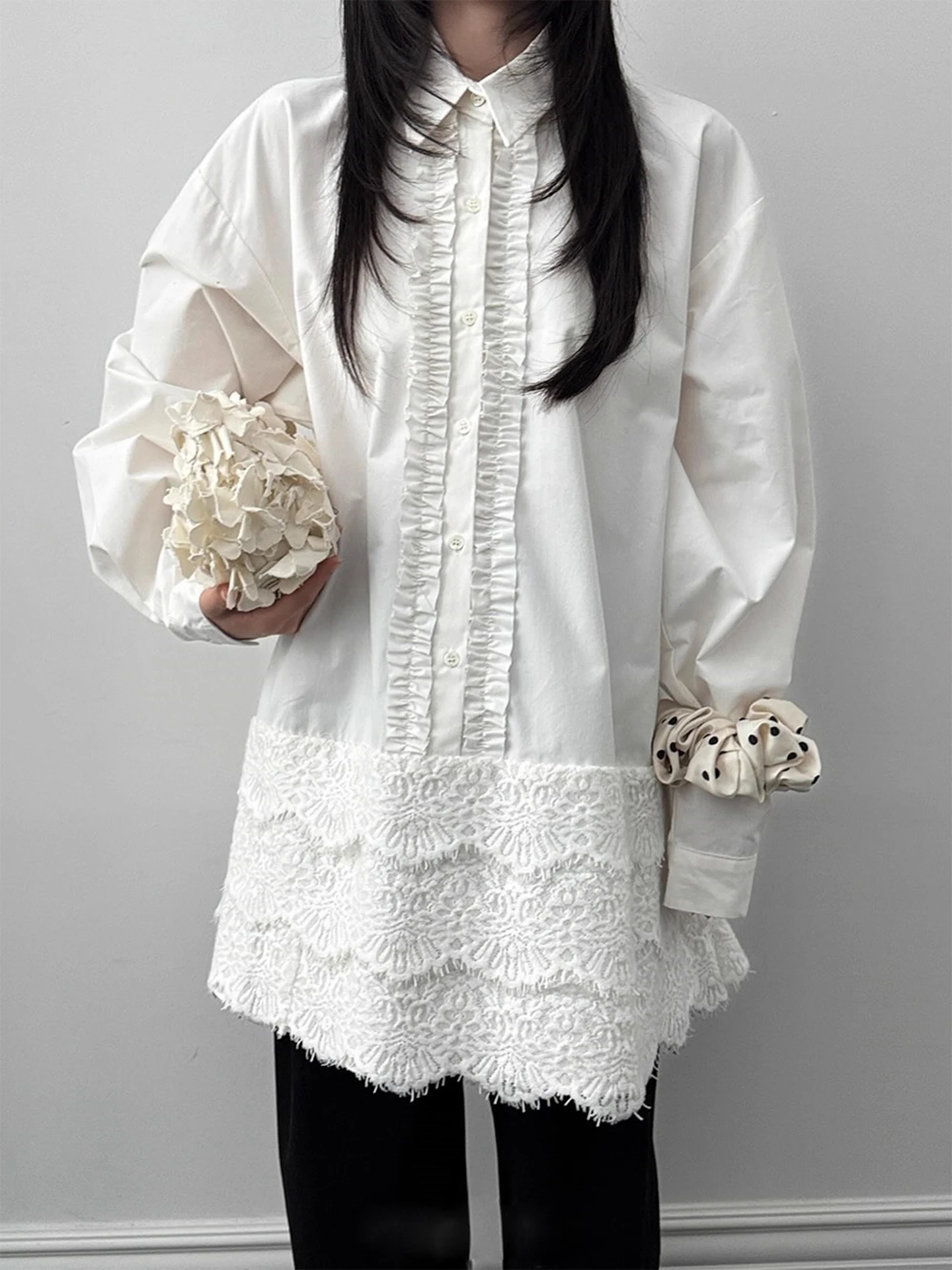 

Ele Hollow out Embroidery irt Women's Early Spring Faion Design Skirt Sle Long Sve White Top with Lace Trim