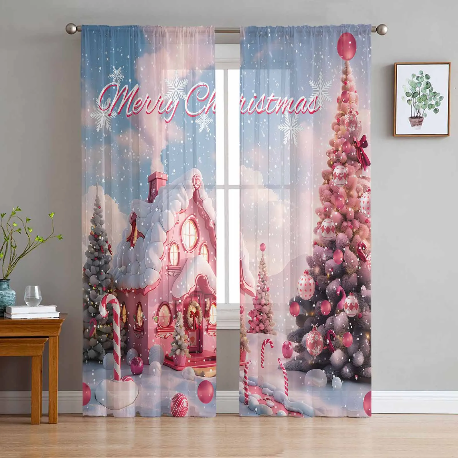 Christmas Candy House Snow View Countryside Window Treatment Tulle Modern Sheer Curtains for Kitchen Living Room Curtains Decor