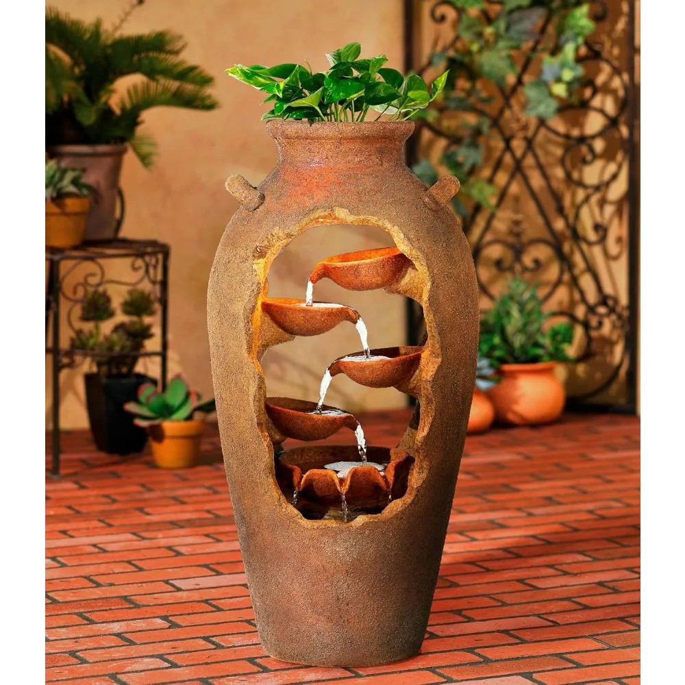 

Nathan Cascade 33" High Large Rustic Outdoor Decor Faux Stone Floor Fountain with Light LED Urn with Planter Waterfall Standing