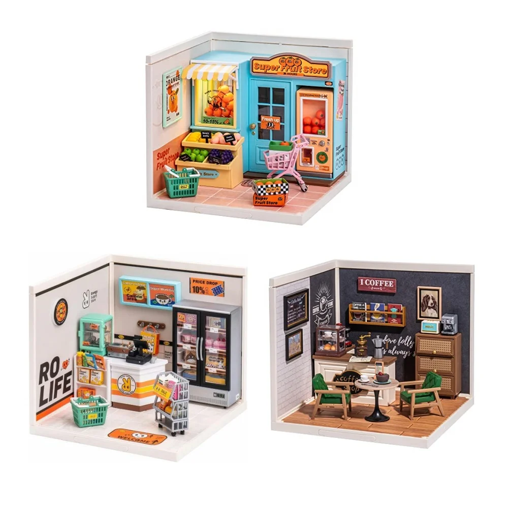 

Robotime Mini Dollhouse DIY Miniature House Kit 1:20 Fruit Store Cafe Store Supply Store Kit with LED for Teens Adults