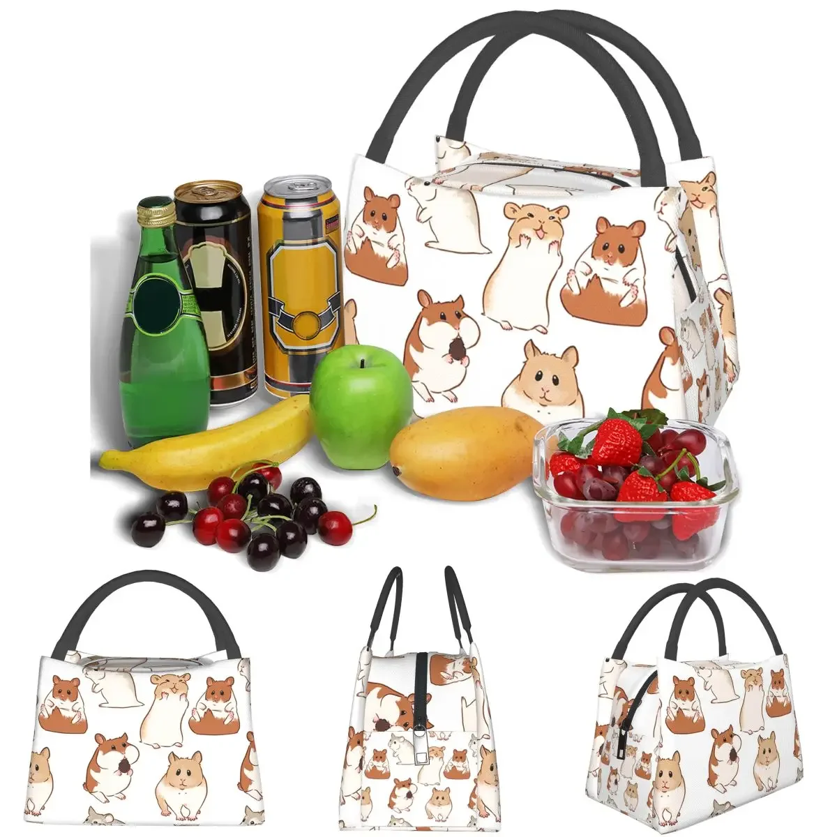 Cute Hamster Pattern Lightweight Handheld Insulated Lunch Bag Aluminum Foil Liner for Adults Students Travel Picnic