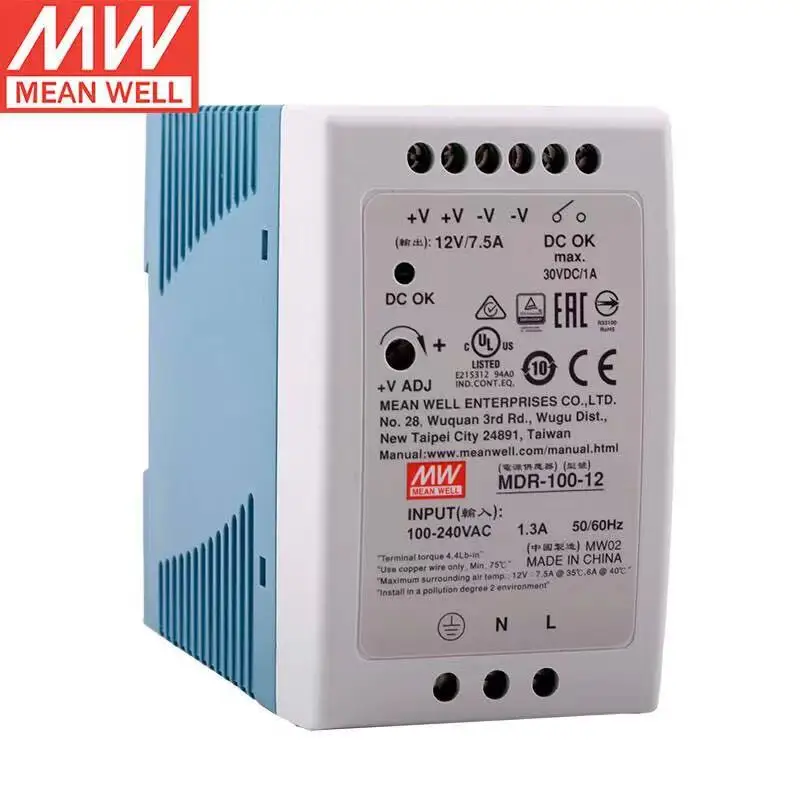 

MeanWell MDR-100-12 12V 7.5A 90W Single Output Industrial DIN Rail Switching Power Supply DC OK relay contact Universal AC inp