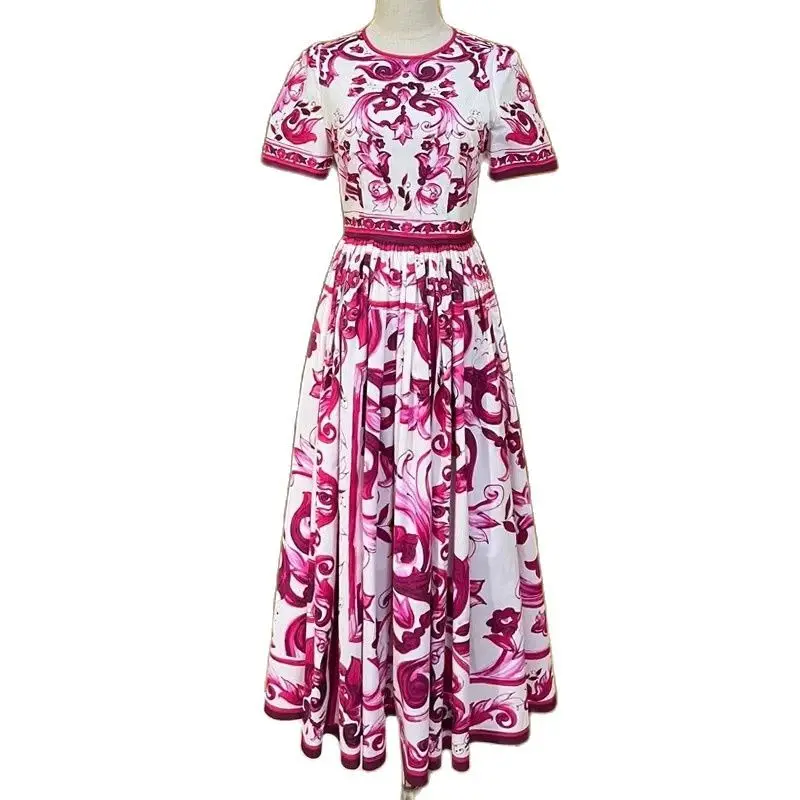 Fashion Designer Runway Red Blue and White Porcelain Print Dress Summer Women Short Sleeve High Waist Long Vacation Dress