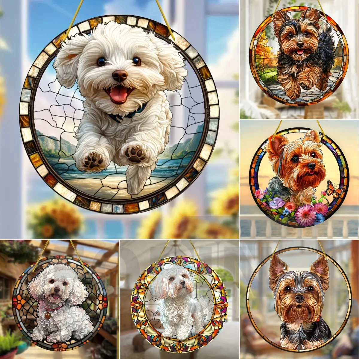 Lively and Cute Pet Dogs Suncatcher, Acrylic Round Translucent Hanging Ornament,Gift for Dogs Lover,House Yard Garden Farm Decor