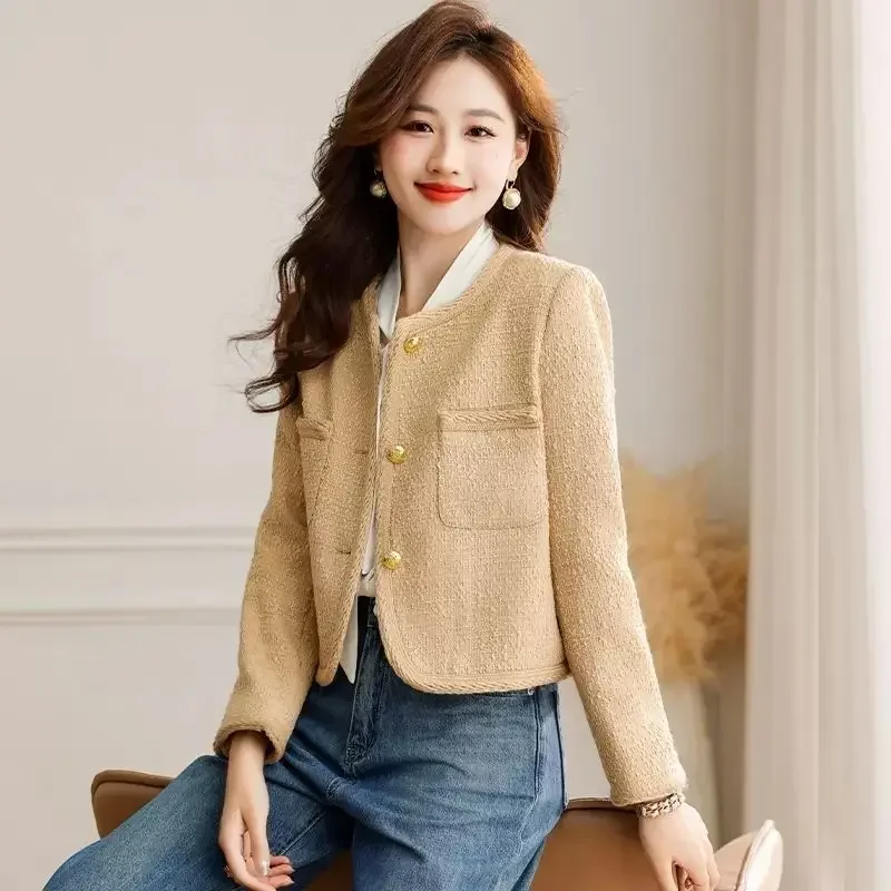 

2024 New Fashion Women Spring Autumn O-neck Tweed Jacket Female Single Breasted Short Jackets Ladies Long Sleeve Overcoats Q116