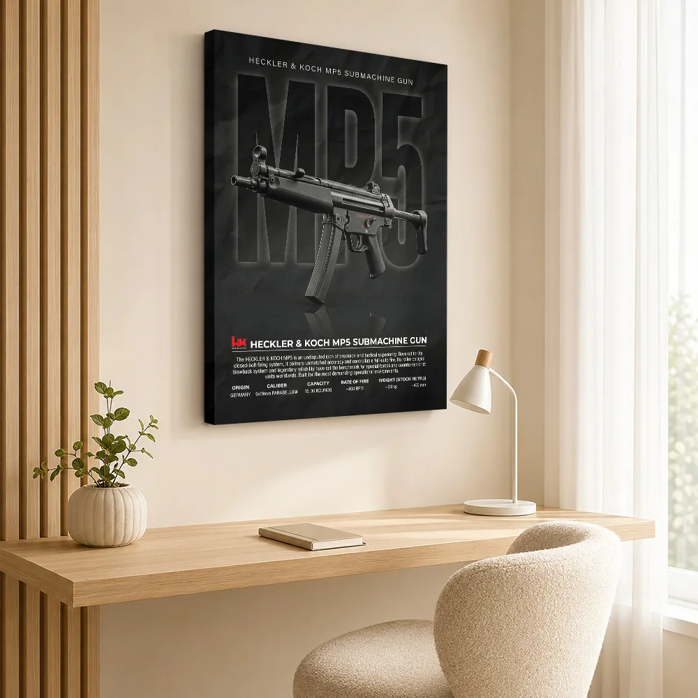 Black Heckler & Koch MP5 Submachine Gun Canvas Painting Poster Personalized Photo Blueprint Wall Art Office Decor Veteran Gift