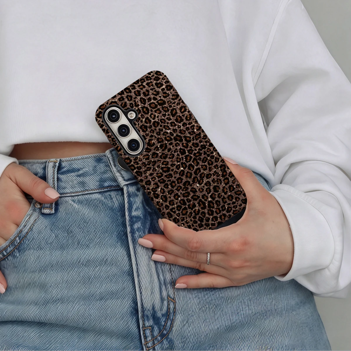 Glitter Leopard Phone Case For Samsung Galaxy S26 S25 Ultra S24 S23 Plus Hard Shock‑Absorption 2-in-1Protective Cover