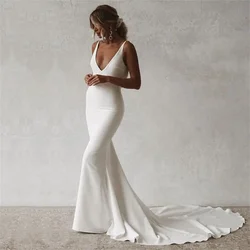 Summer Sexy Beach Wedding Dresses V Neck Backless Bride Dress Vestido de Noivas Sereia Mermaid Wedding Gowns Satin Buttons
