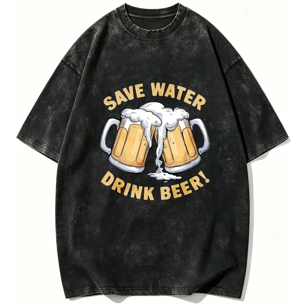 CLOOCL Retro Style Save Water Drink Beer Printed T-Shirts Vintage Distressed Shirts Summer Tees Casual Tops Mens Clothing