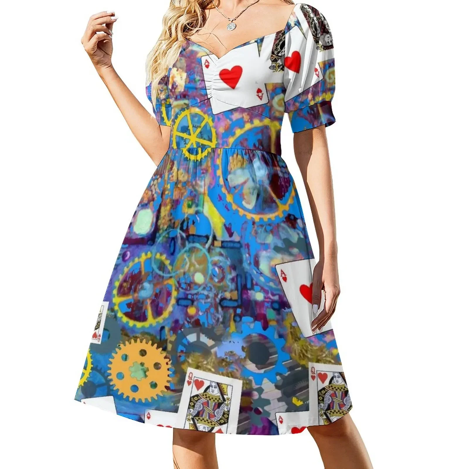 

THE RED QUEENS STEAMPUNK CARD GAME MUSIC BOX BLUE ART Short-Sleeved Dress women's summer clothing 2025