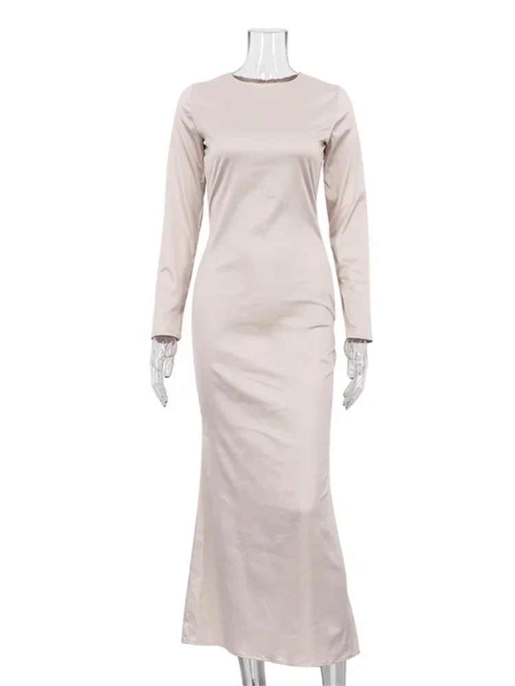 فستان ماكسي أنيق من الساتان المجوف للنساء بخصر عالٍ ورقبة سكوب نحيفة وأكمام طويلة فستان حفلات بسحاب صيفي #6